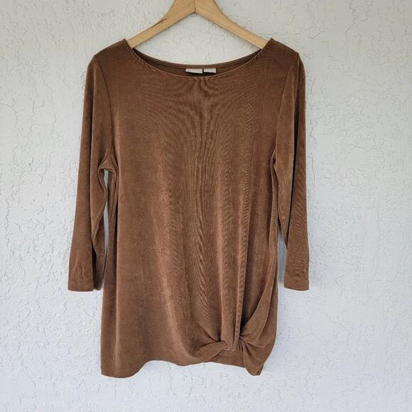 Chicos Travelers Classic Front Tuck Top Brown Women Size 1 M Draped Stretch - Picture 1 of 11